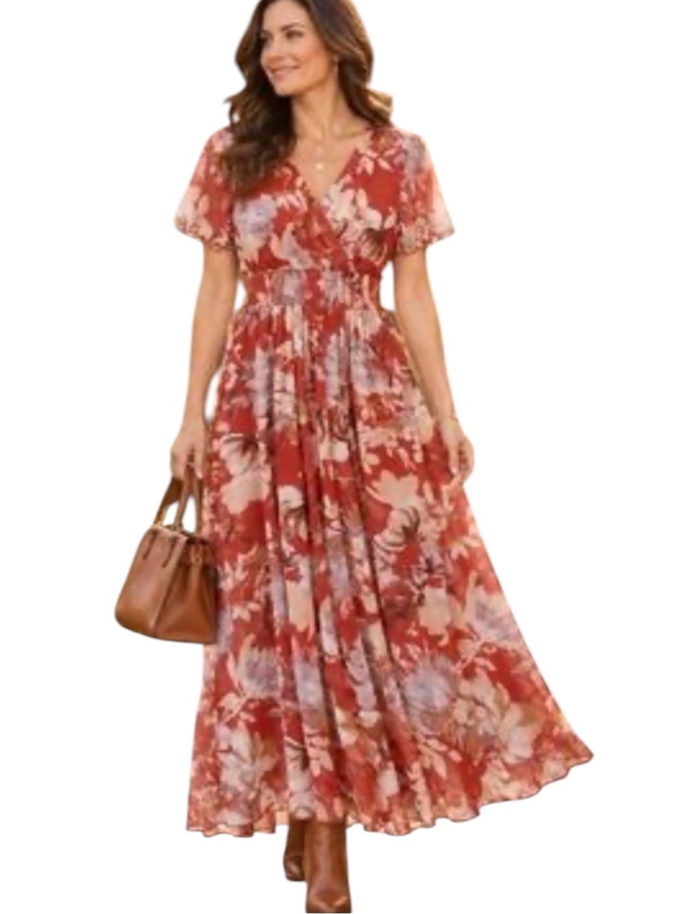 Rust Floral Wrap Maxi Dress with Puff Sleeves - Picture 10 of 10